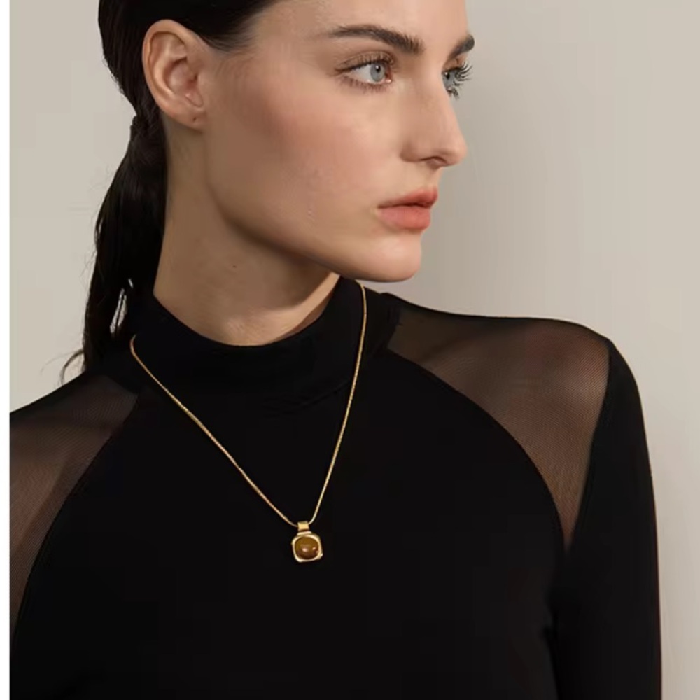 Natural Tiger Stone Square Pendant Necklace - Picture 9 of 13